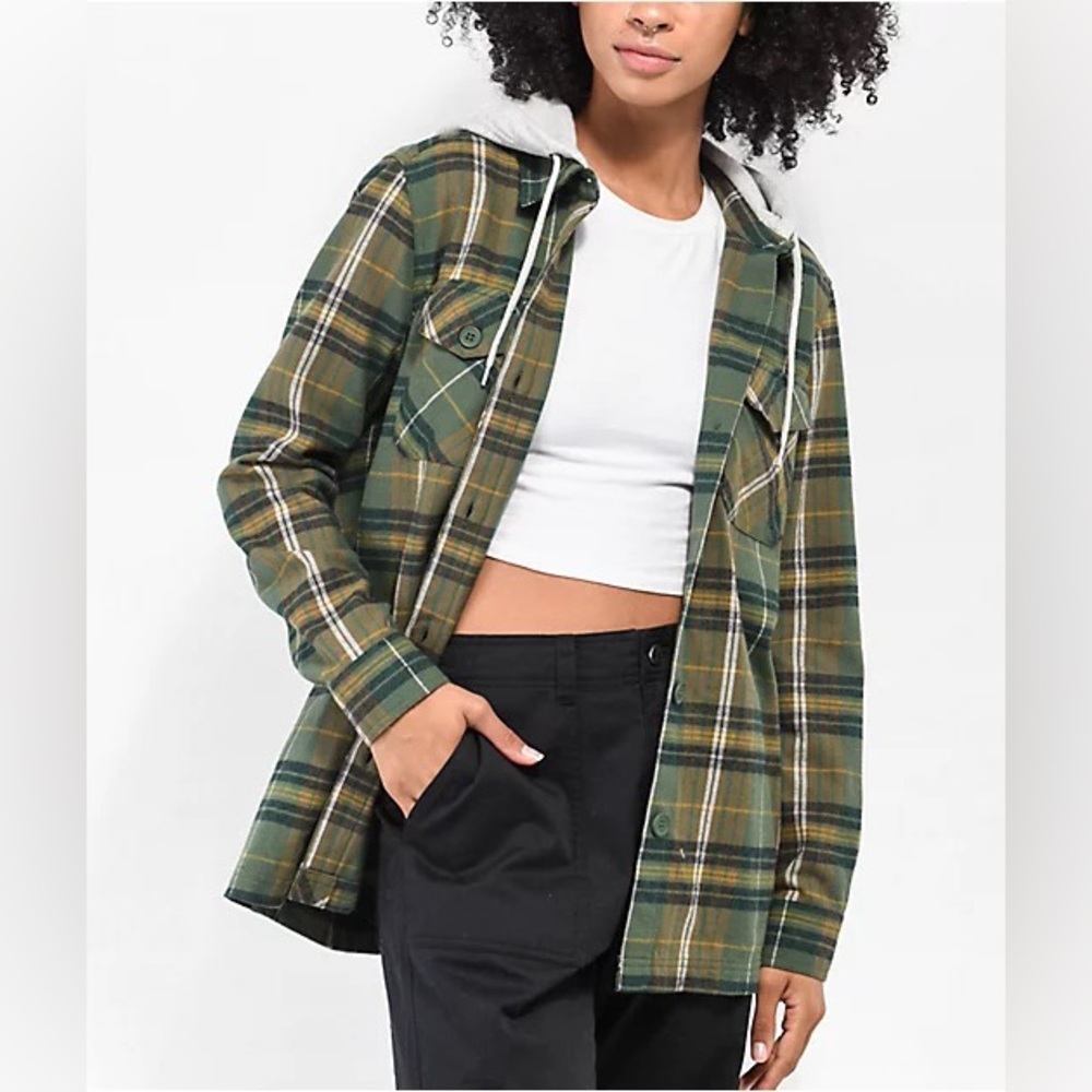 NWOT Empyre Holly Yin Yang Green & Grey Hooded Flannel Shirt size L